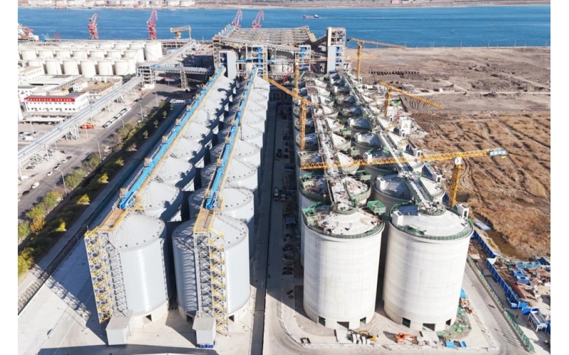 中冶天工港口型国家粮食物流核心枢纽新建20万吨粮食仓储项目主体结构封顶